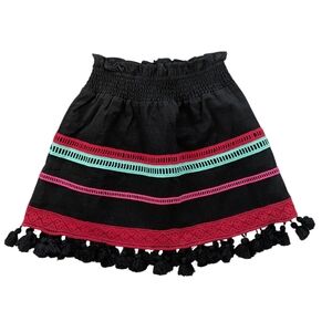 Anthropologie Free the Roses Black Mini‎ Skirt Poms Colorful Embroidery